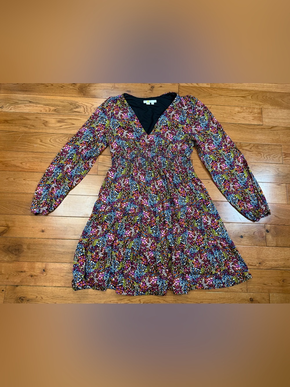 Biden Ditsy Floral Smocked Waist Long Sleeve Mini Dress Coquette NWOT